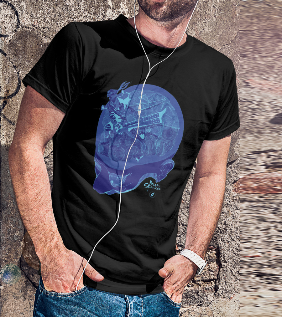 Brain Spanker Futuristic Guitarist Inside Blue Skull Brainwaves T-Shirt