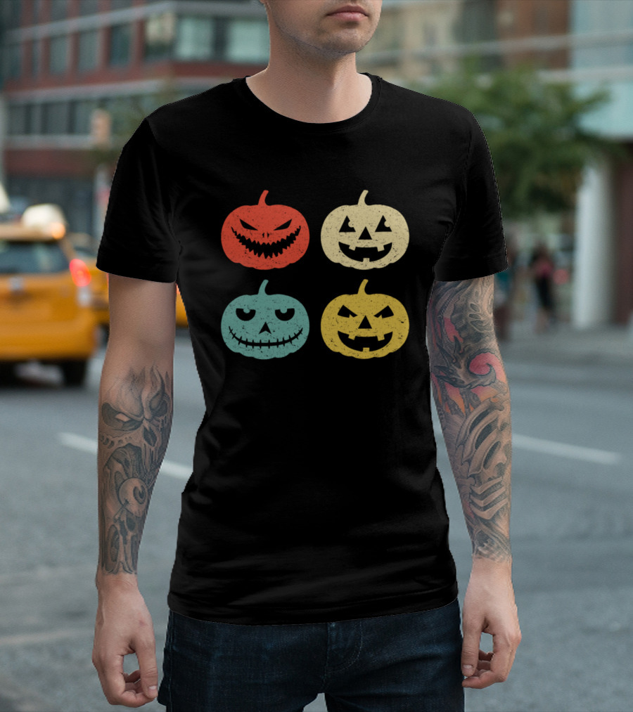 Colorful Vintage Halloween Pumpkin Jack o Lantern Quartet T-Shirt