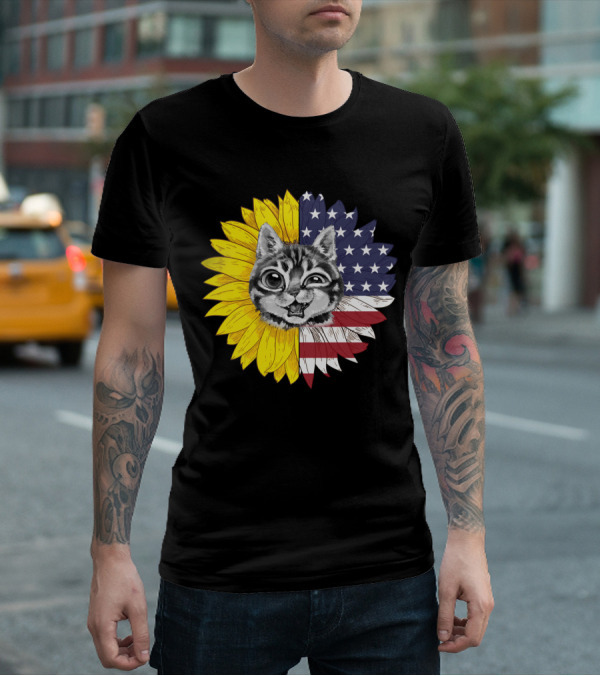 CAT LOVERS Sunflower American Flag Winking Cat T-Shirt