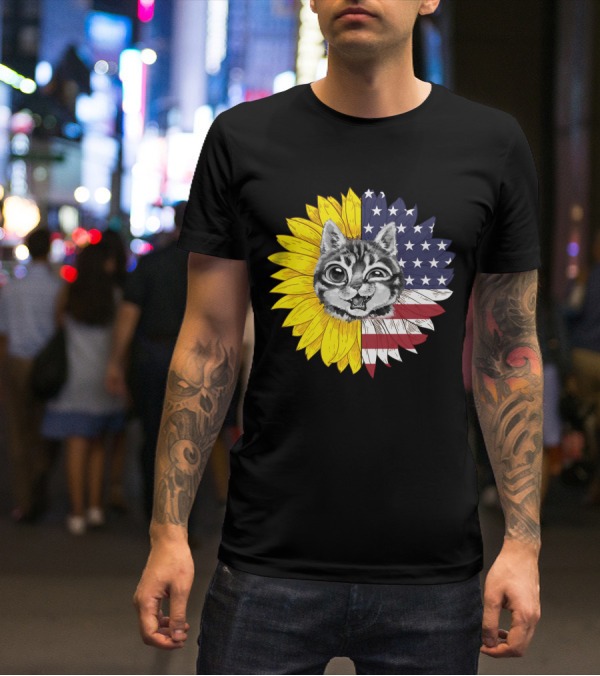 CAT LOVERS Sunflower American Flag Winking Cat T-Shirt