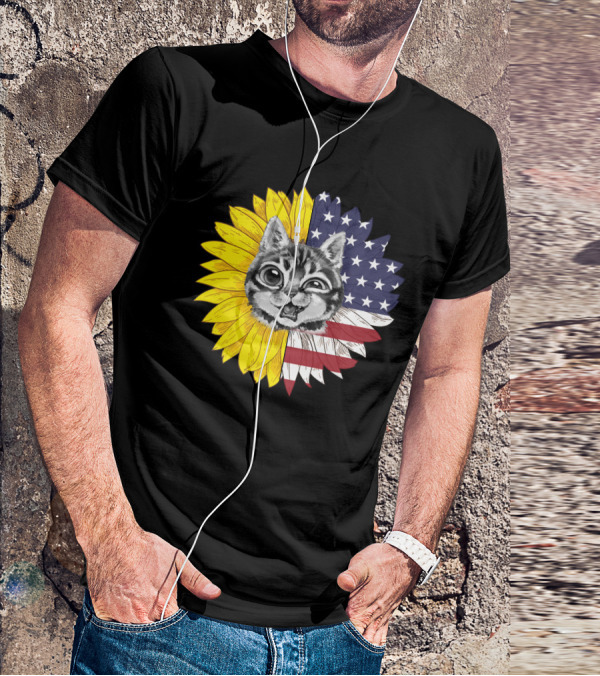 CAT LOVERS Sunflower American Flag Winking Cat T-Shirt
