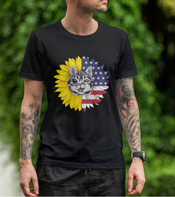 CAT LOVERS Sunflower American Flag Winking Cat T-Shirt