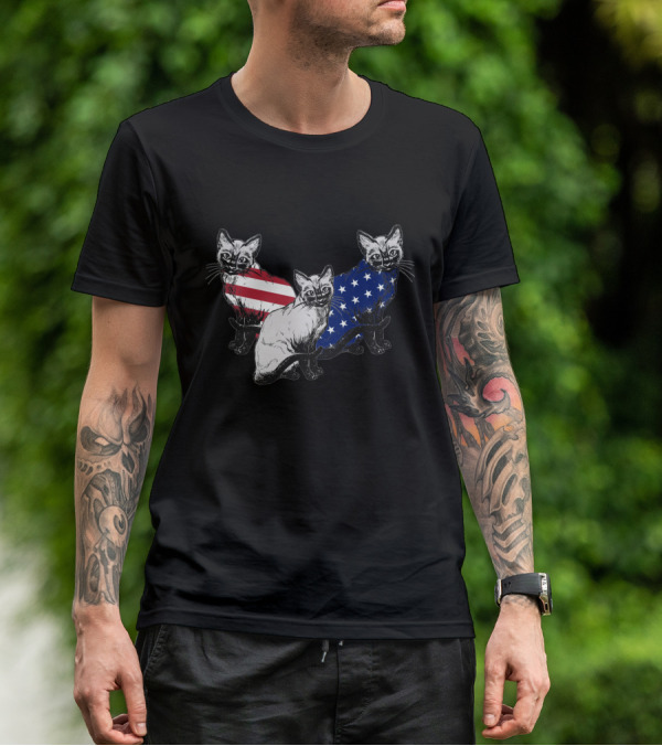 Siamese Cats American Flag July Independence Day T-Shirt