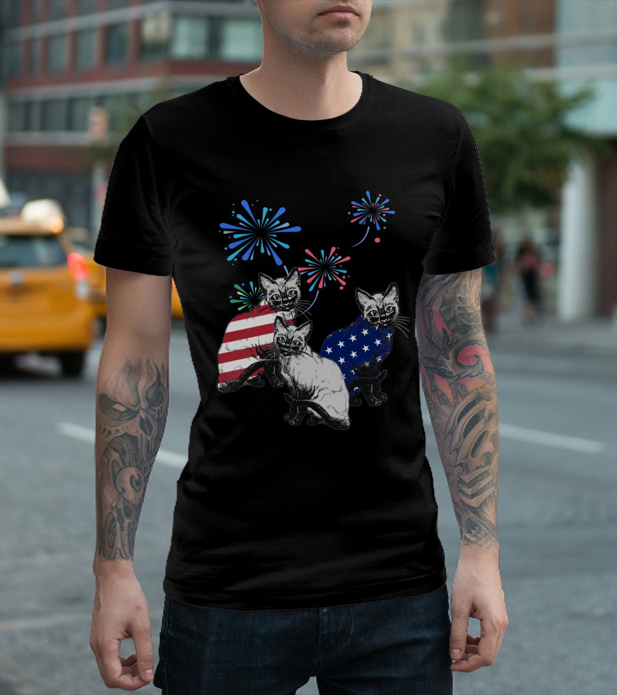 SiameseJuly Cats With Fireworks And American Flag T-Shirt