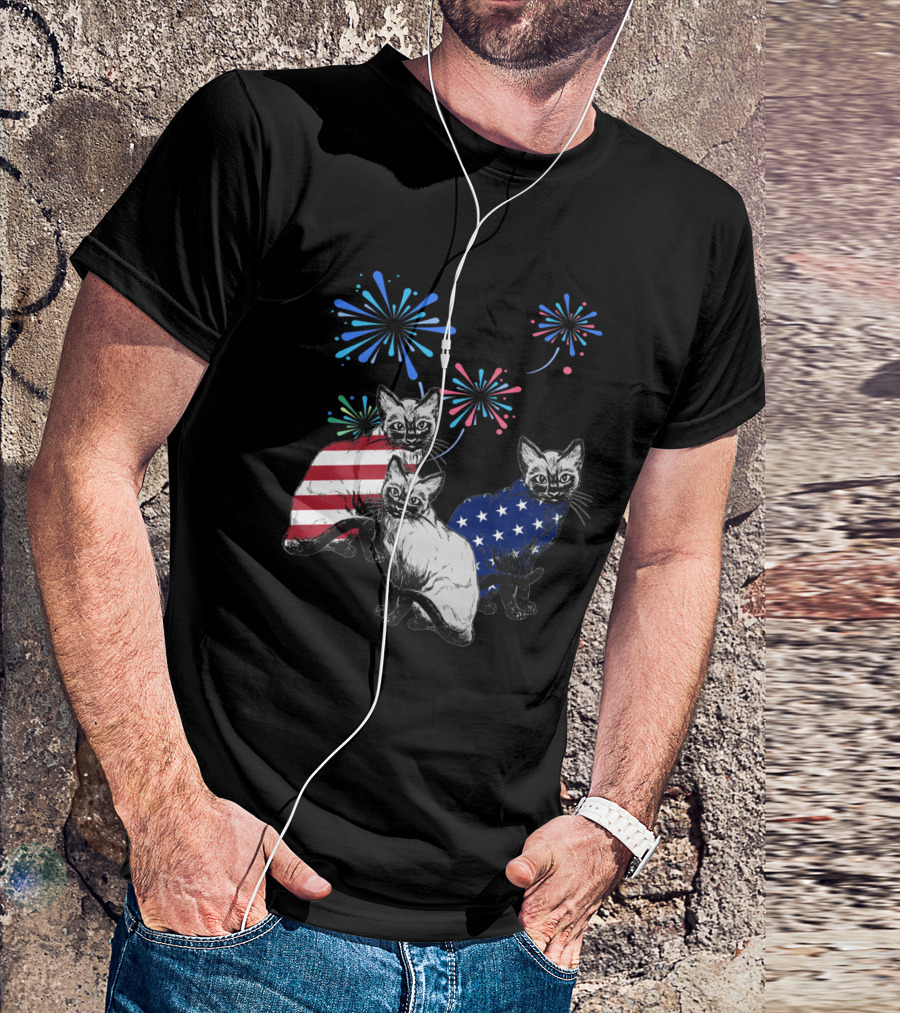 SiameseJuly Cats With Fireworks And American Flag T-Shirt