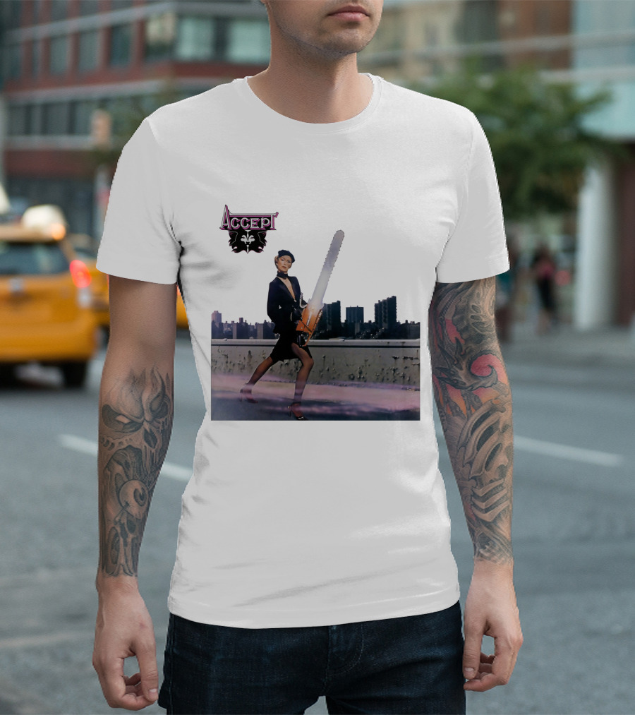 Accept Chainsaw Woman Cityscape Scene T-Shirt