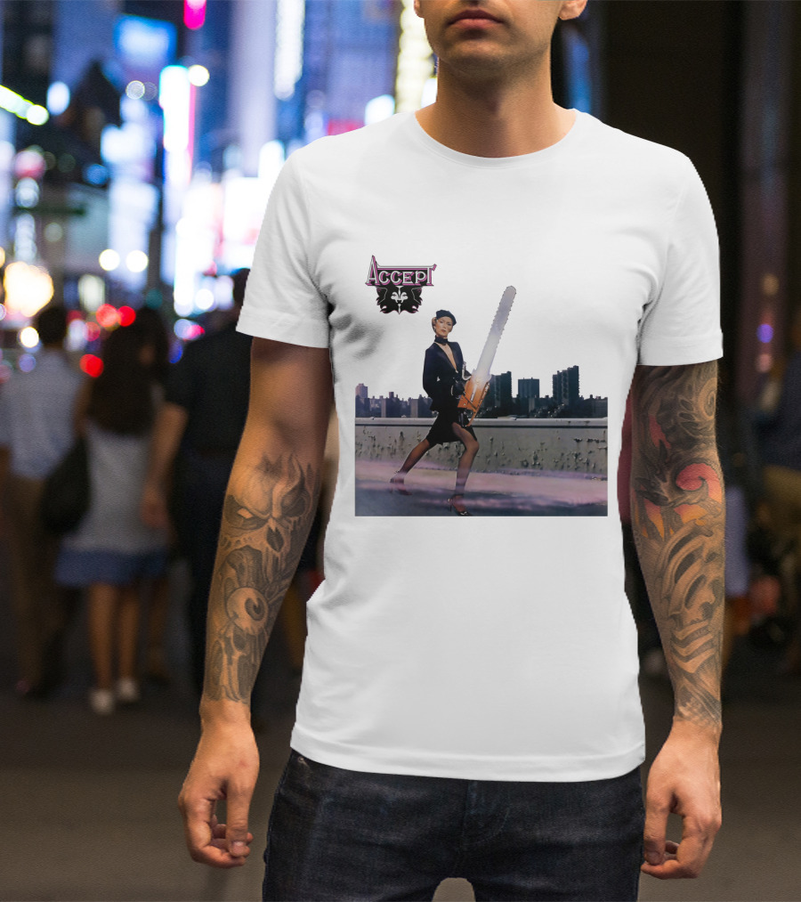 Accept Chainsaw Woman Cityscape Scene T-Shirt