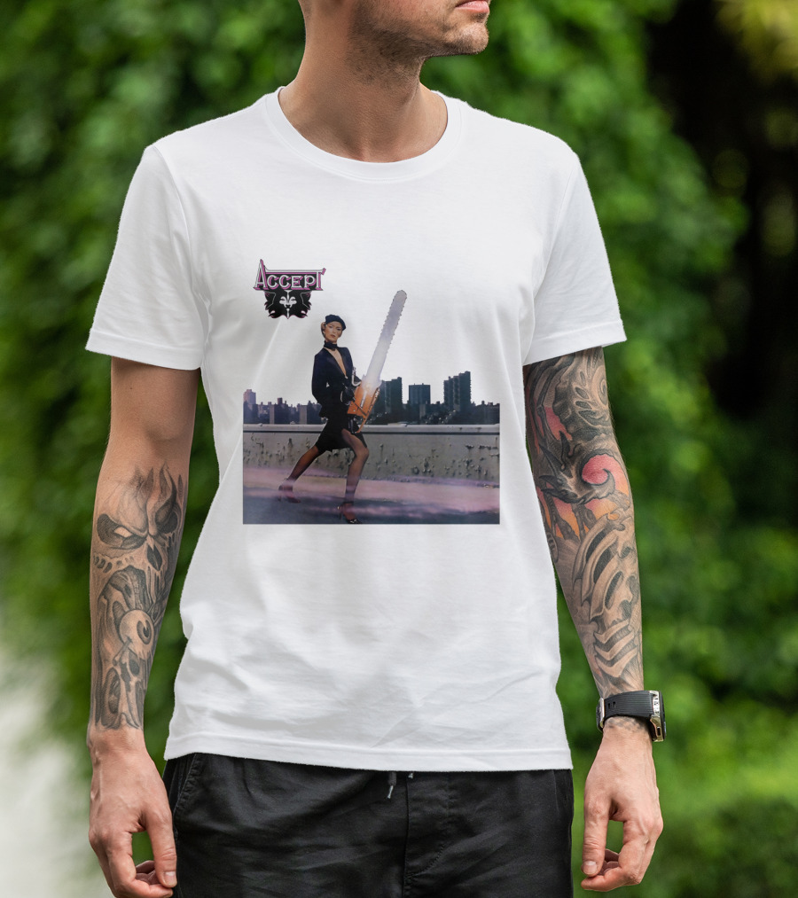 Accept Chainsaw Woman Cityscape Scene T-Shirt