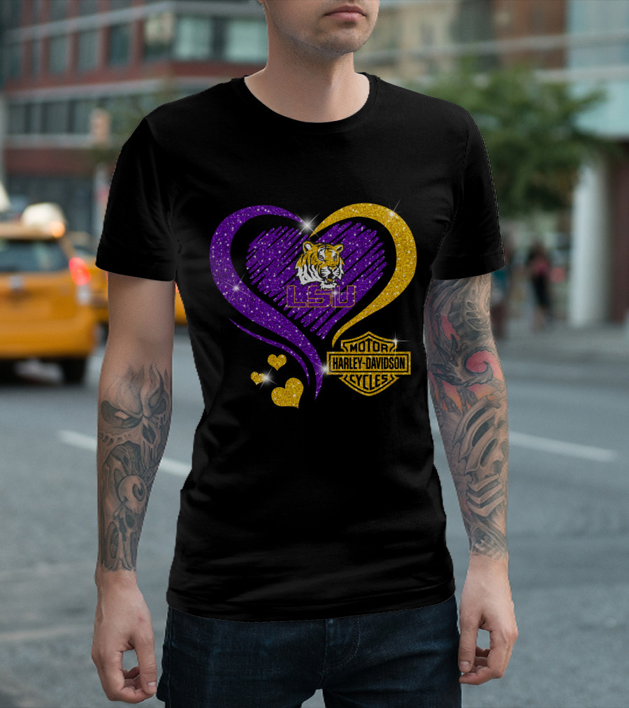 Hd Ncaa Lsu Tigers Heart Harley Davidson Motorcycle Cycles T-Shirt