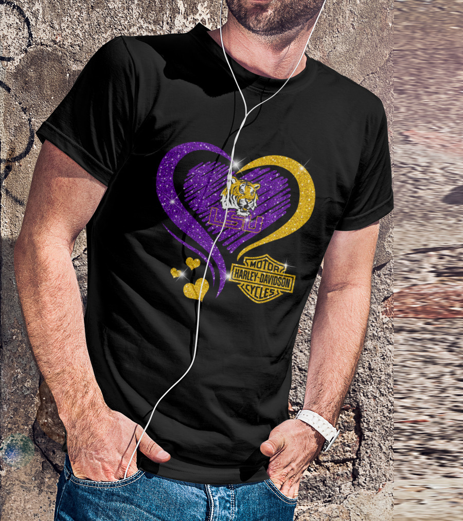 Hd Ncaa Lsu Tigers Heart Harley Davidson Motorcycle Cycles T-Shirt