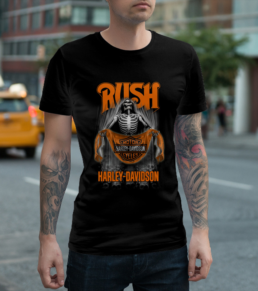 Rush Harley Davidson Motor Cycles Skeleton Orange T-Shirt