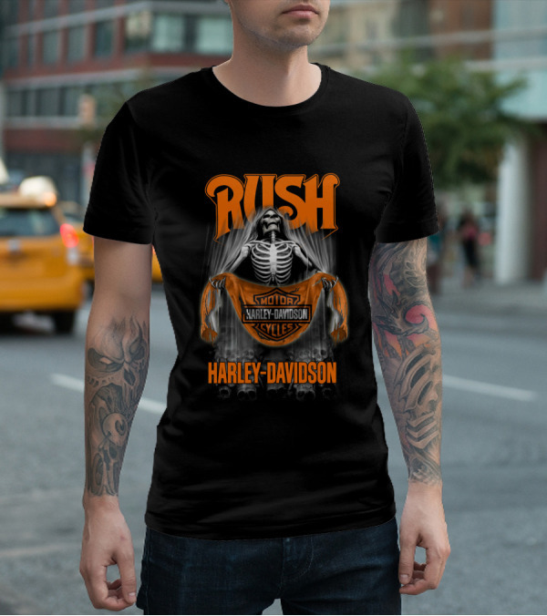 Rush Harley Davidson Motor Cycles Skeleton Orange T-Shirt