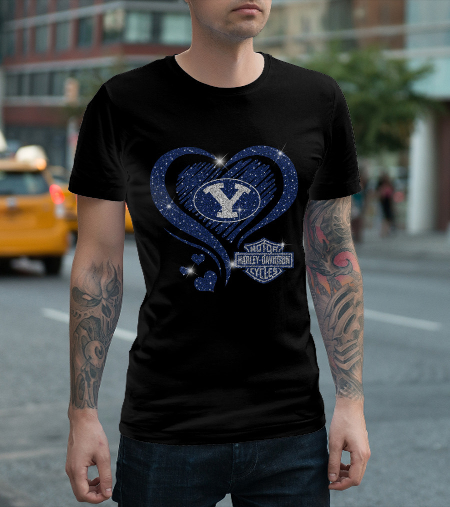 Byu Cougars Y Logo And Harley Davidson Motorcycles Blue Heart T-Shirt