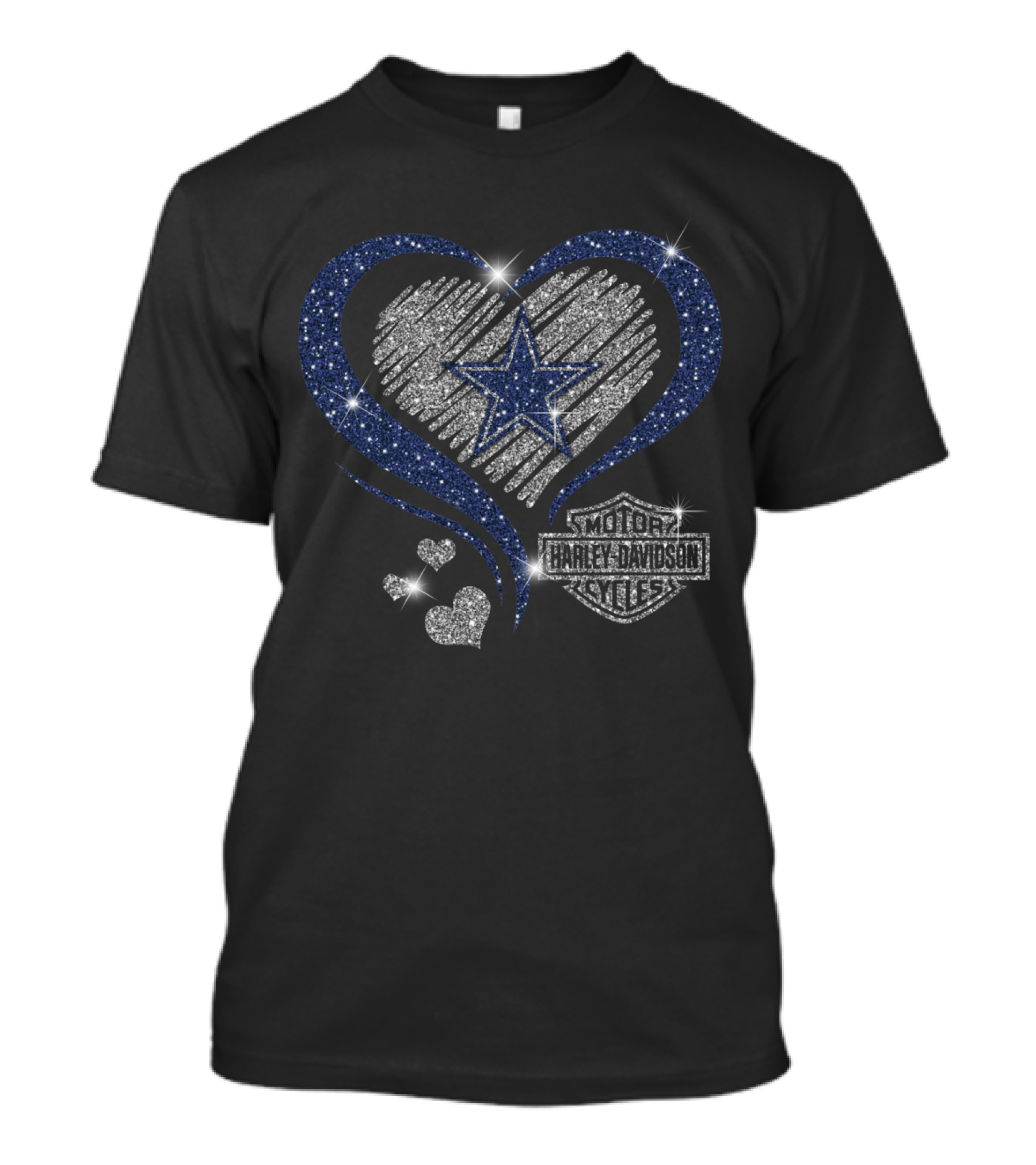 Harley Davidson Heart Star With Dallas Cowboys Silver Blue Sparkle T-Shirt