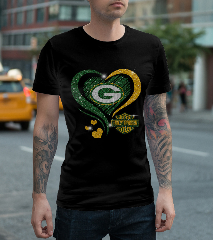 Green Bay Packers Harley Davidson Sparkling Heart T-Shirt