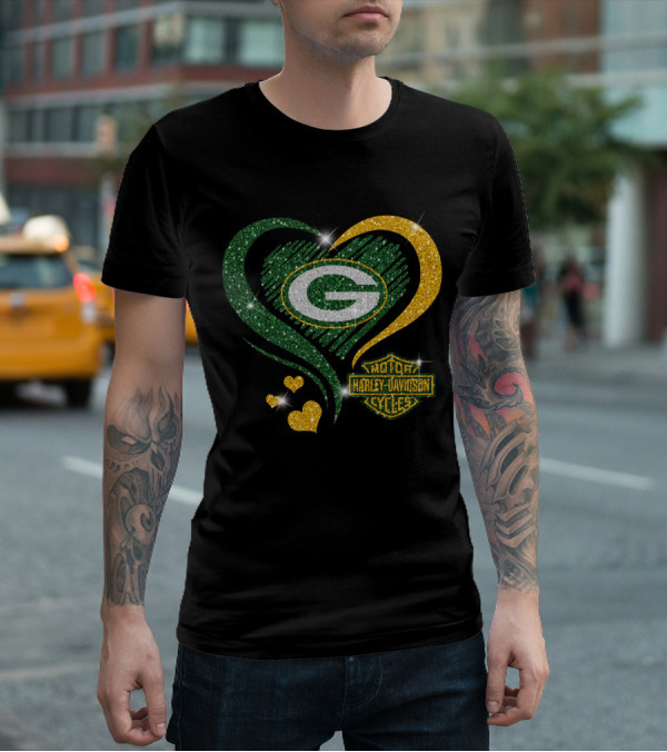 Green Bay Packers Harley Davidson Sparkling Heart T-Shirt