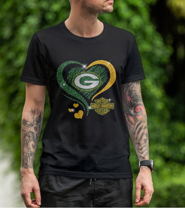 Green Bay Packers Harley Davidson Sparkling Heart T-Shirt