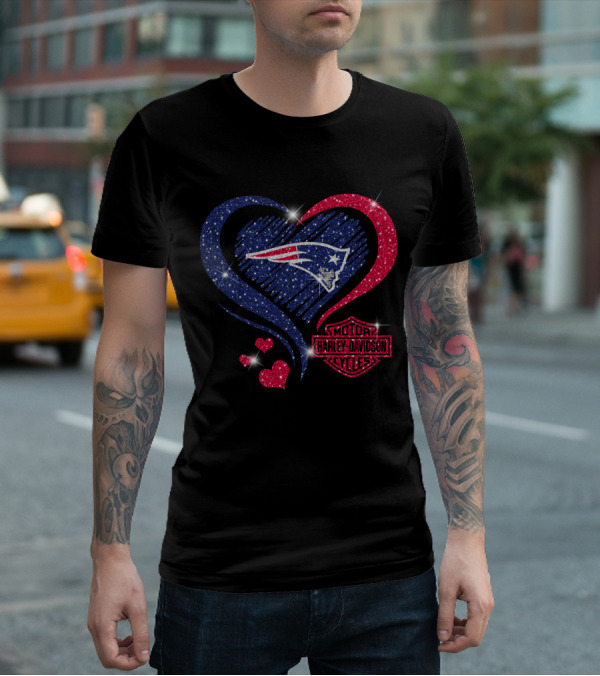 Hd New England Patriots Harley Davidson Heart Sparkle T-Shirt