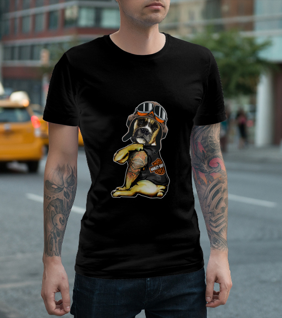 Harley Davidson Tattoo Boxer Dog With Goggles T-Shirt