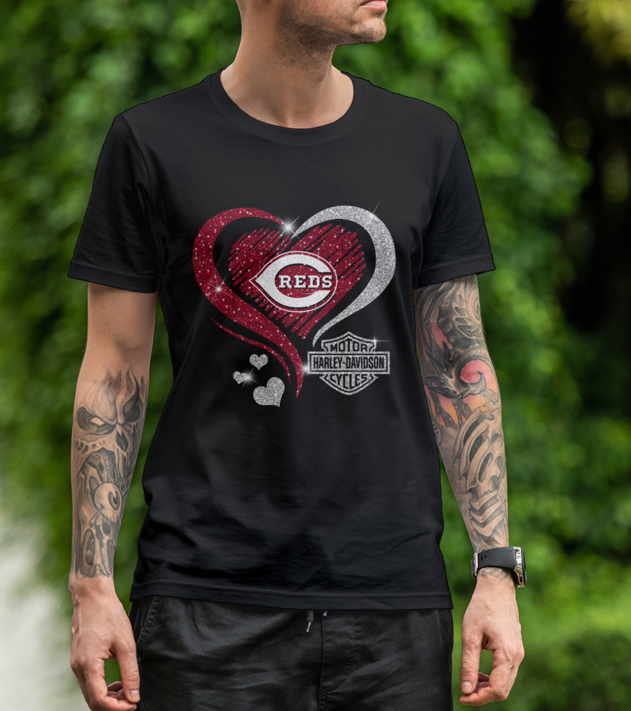 0307Hd Cincinnati Reds Harley Davidson Sparkling Heart T-Shirt
