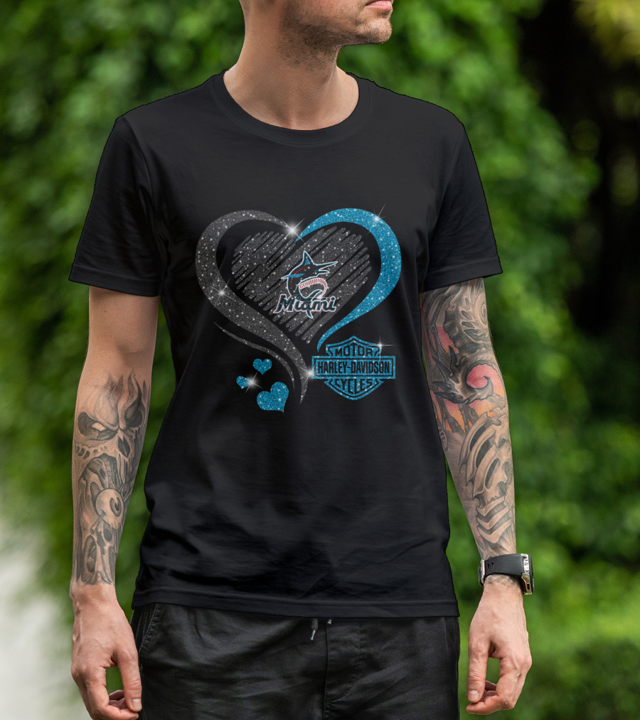 Miami Marlins Heart Sparkle Harley Davidson T-Shirt