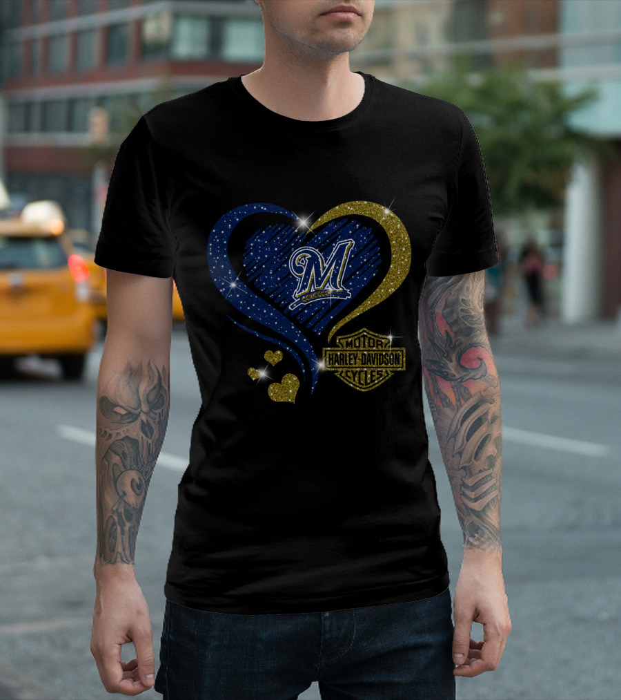 Milwaukee Brewers Heart With Harley Davidson T-Shirt