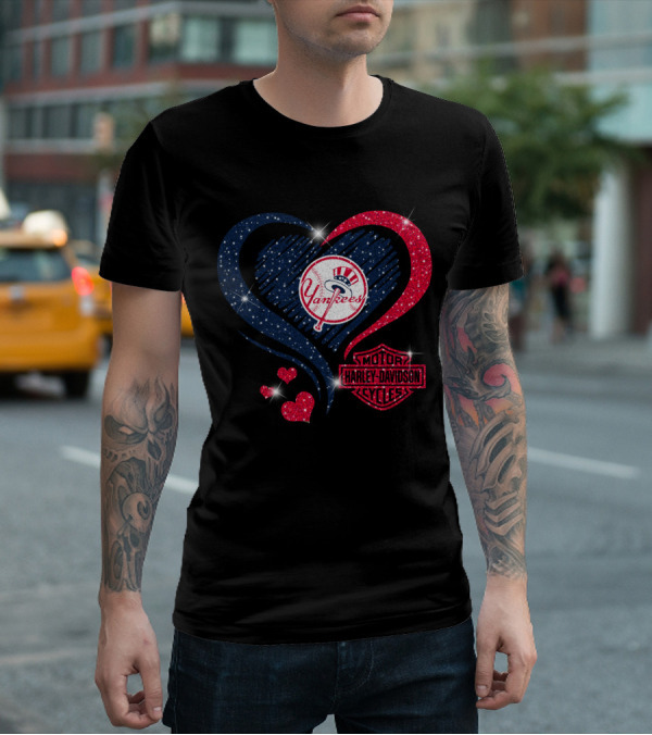 0307Hd New York Yankees Harley Davidson Motor Cycles Heart T-Shirt