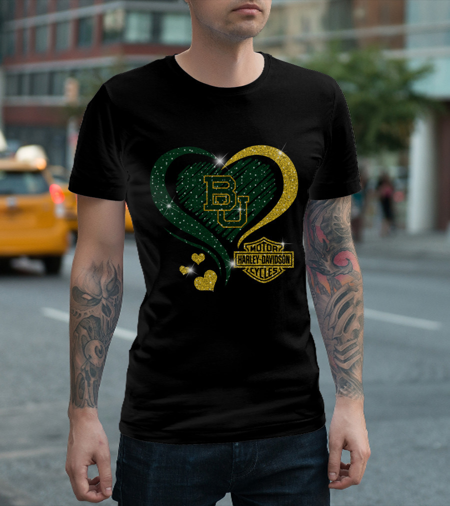 Bu Baylor Bears Harley Davidson Sparkling Heart T-Shirt