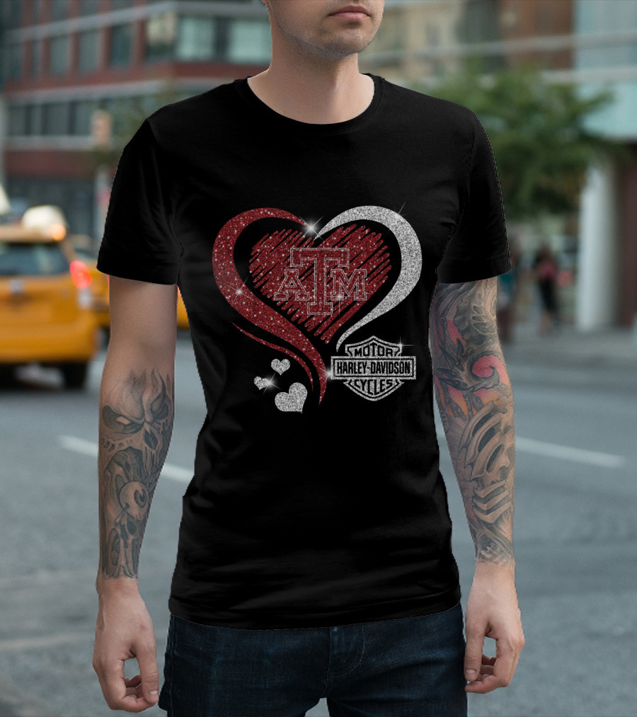 Atm Texas A&M Aggies Harley Davidson Motor Cycles Sparkling Heart T-Shirt