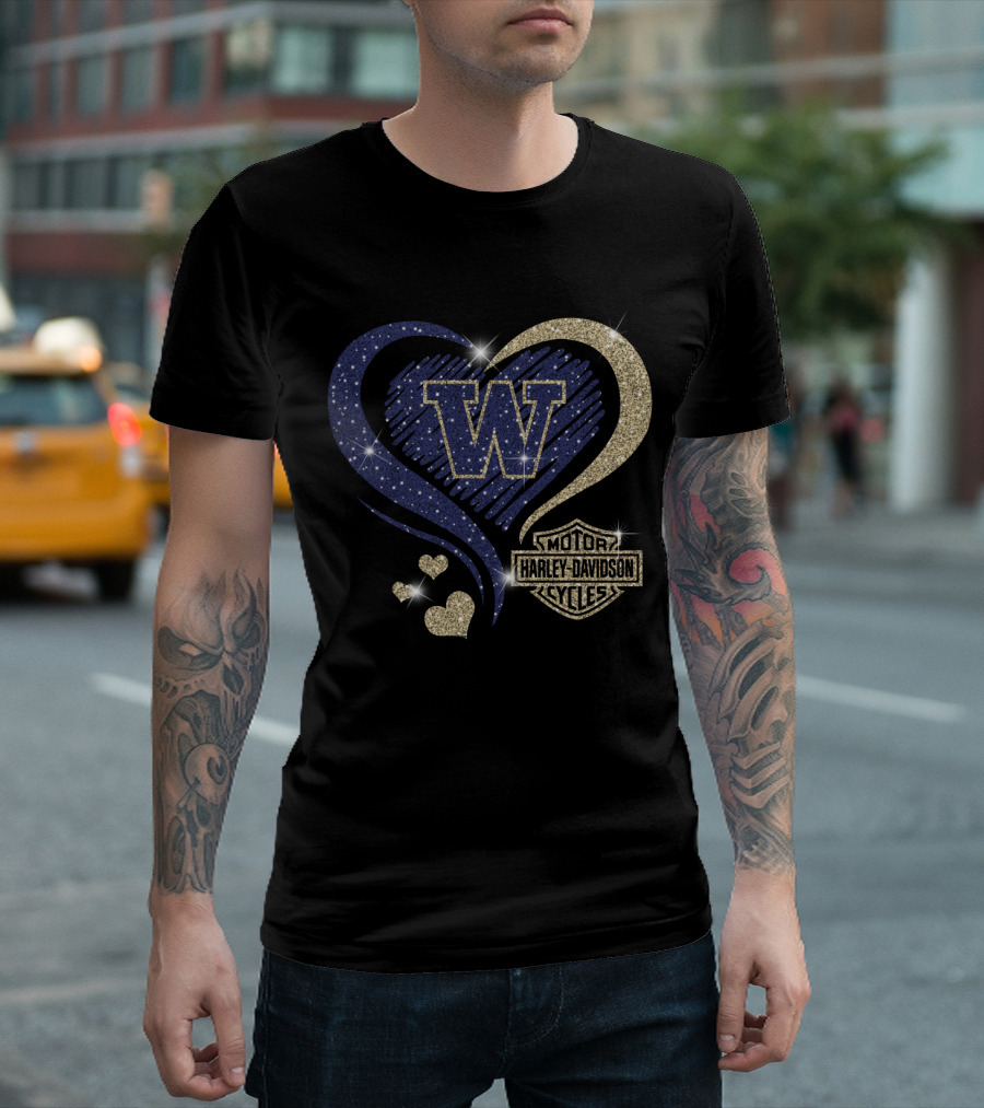 W Washington Huskies Harley Davidson Motorcycles Sparkling Heart T-Shirt