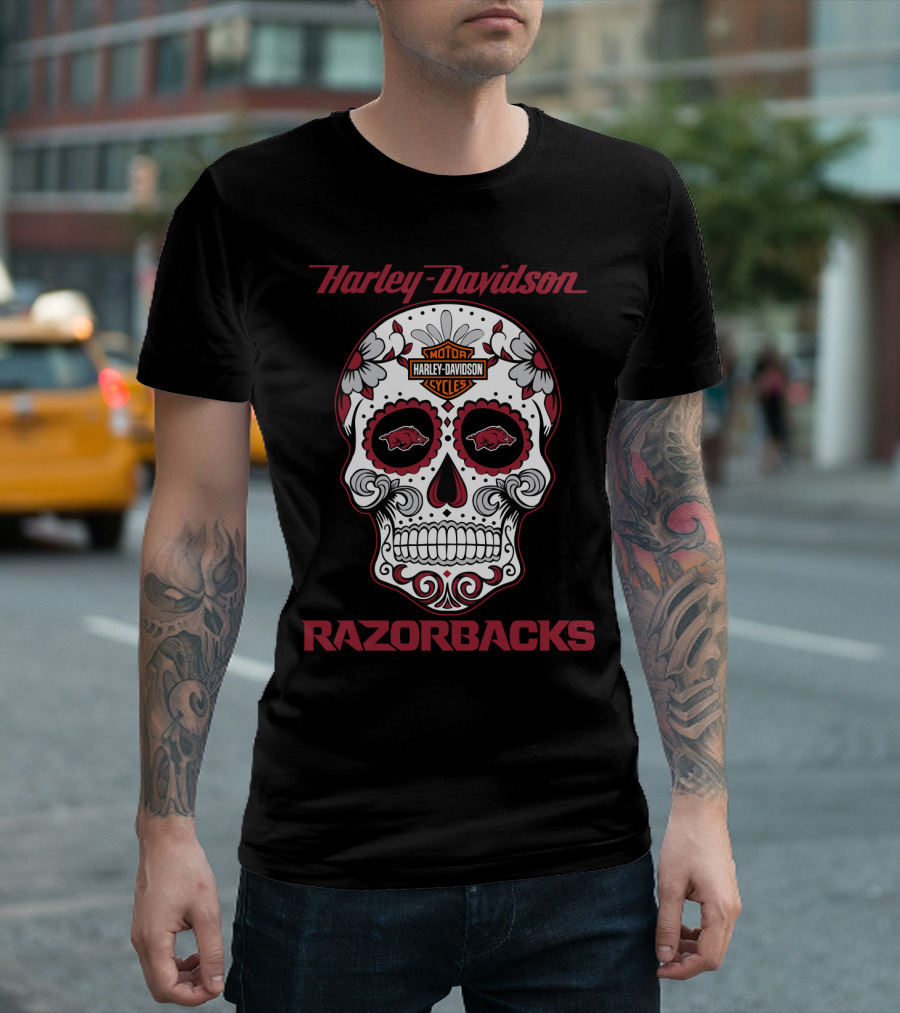 Harley Davidson Razorbacks Sugar Skull Motor Cycles T-Shirt