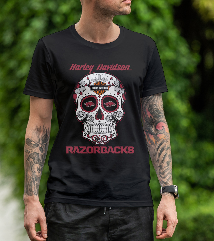 Harley Davidson Razorbacks Sugar Skull Motor Cycles T-Shirt