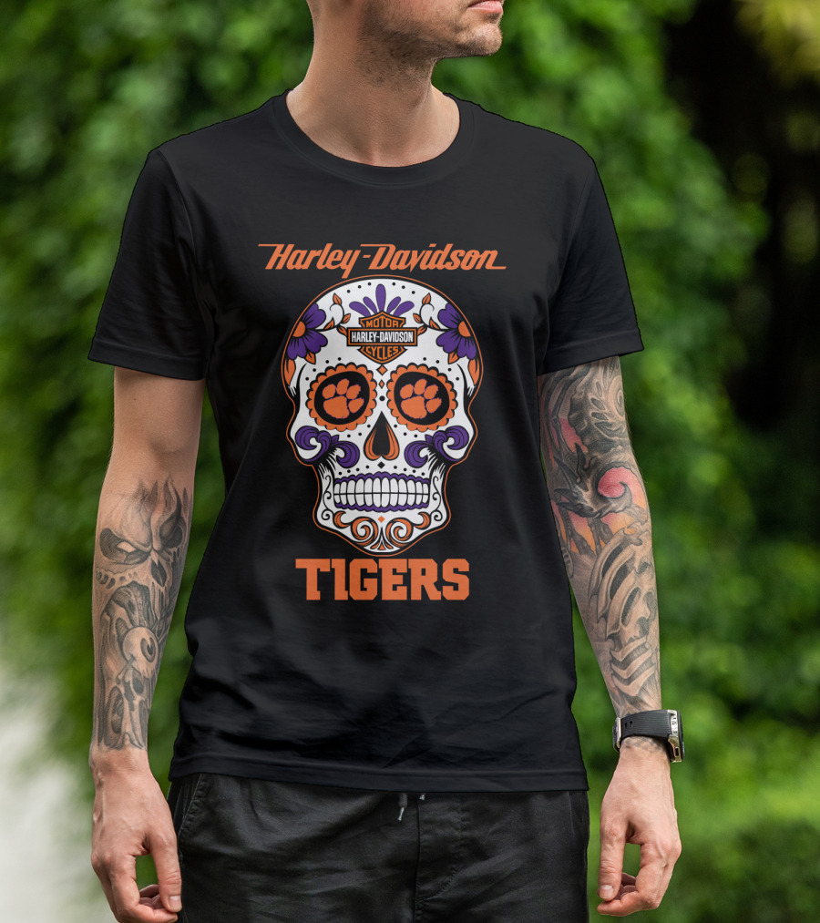 Harley Davidson Motor Cycles Clemson Tigers Skull T-Shirt