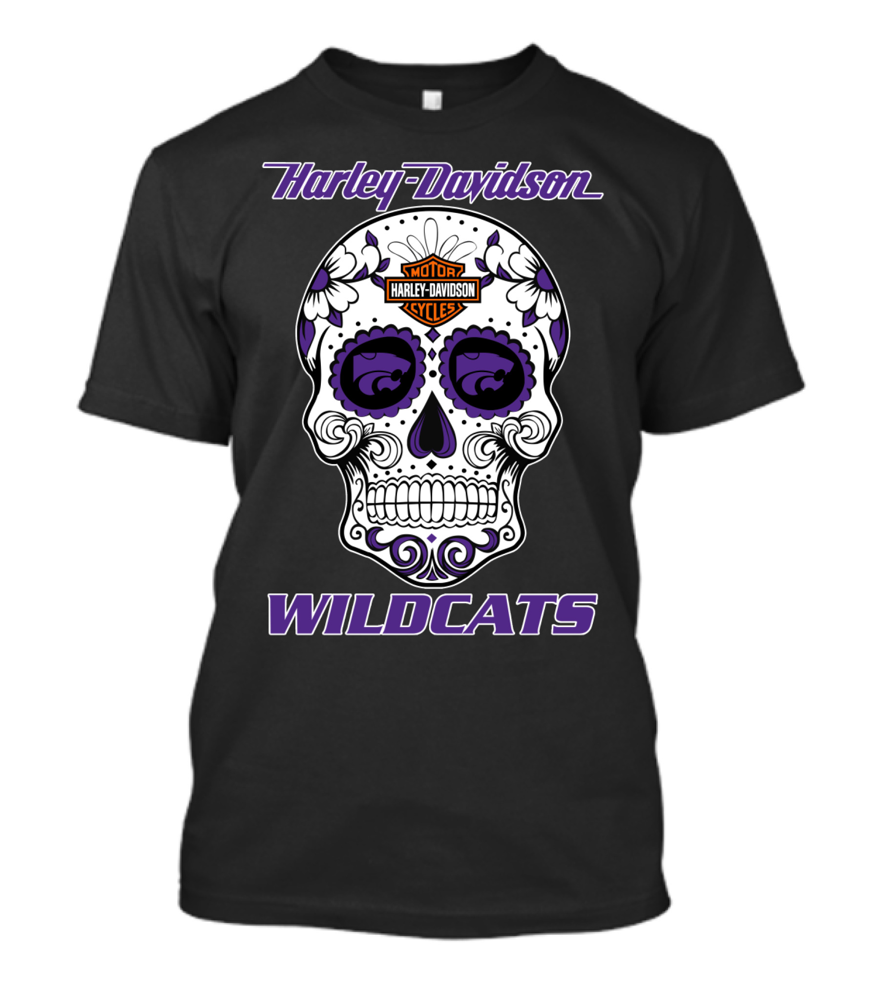 Harley Davidson Wildcats Kansas State Motor Cycles Day Of The Dead Skull T-Shirt