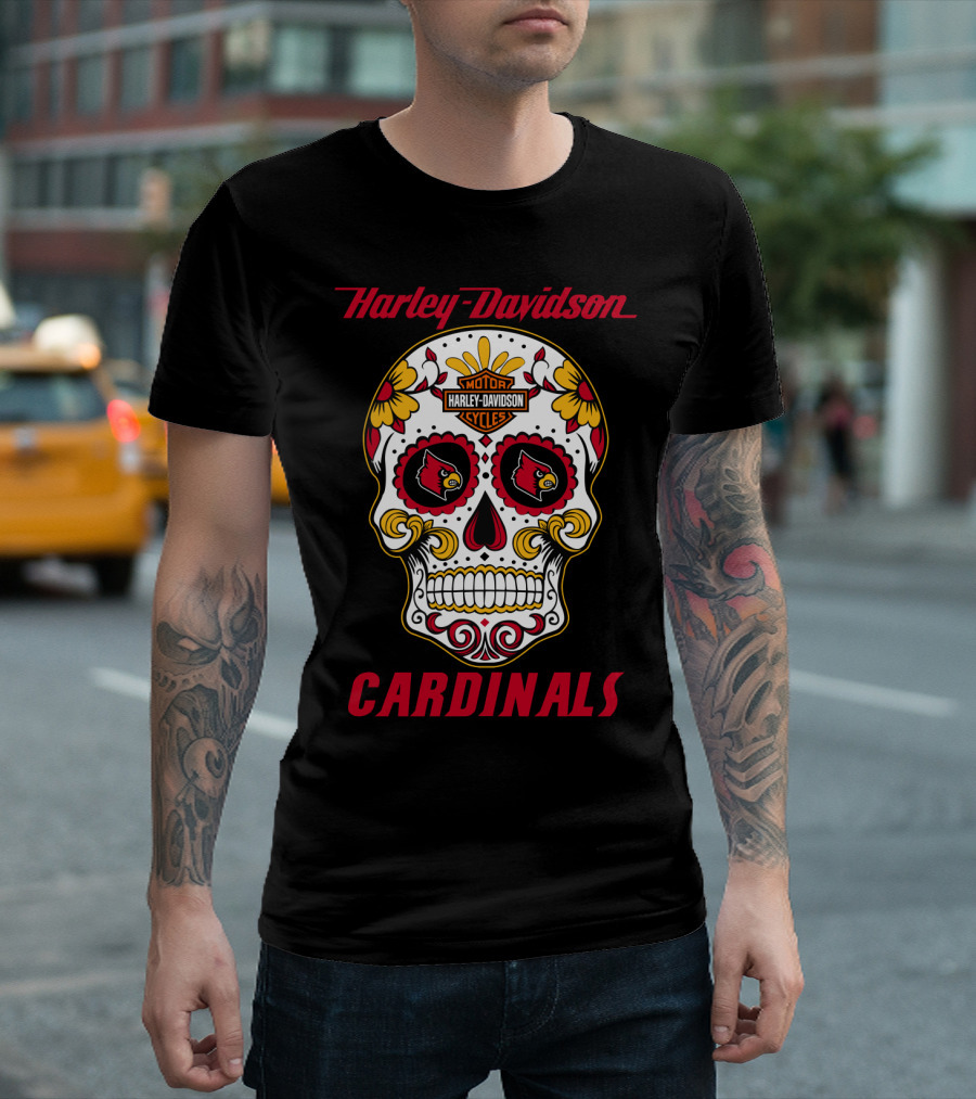 Harley Davidson Louisville Cardinals Dia De Los Muertos Skull T-Shirt