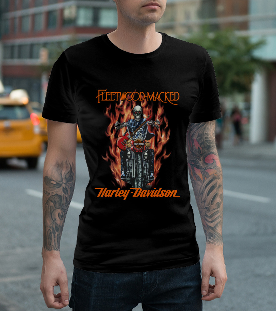 Fleetwood Macked Harley Davidson Skeleton Flames Guitar T-Shirt