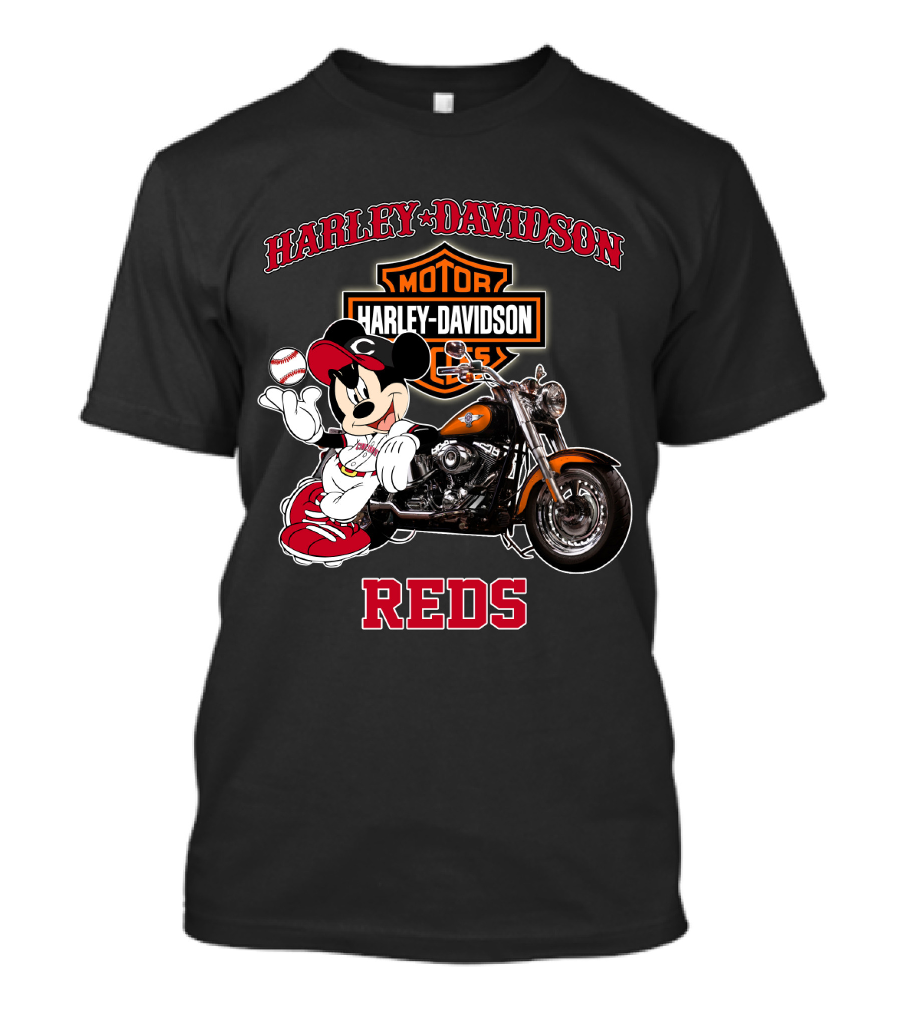 Harley Davidson Reds Cincinnati Motorcycle Mickey Mouse Baseball T-Shirt