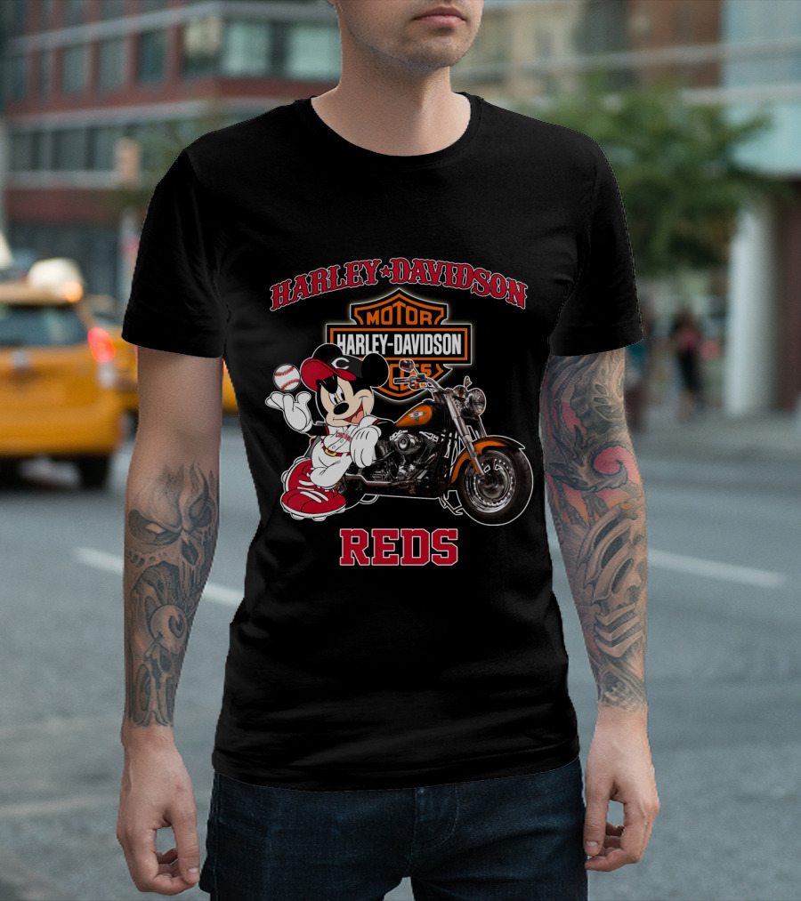 Harley Davidson Reds Cincinnati Motorcycle Mickey Mouse Baseball T-Shirt