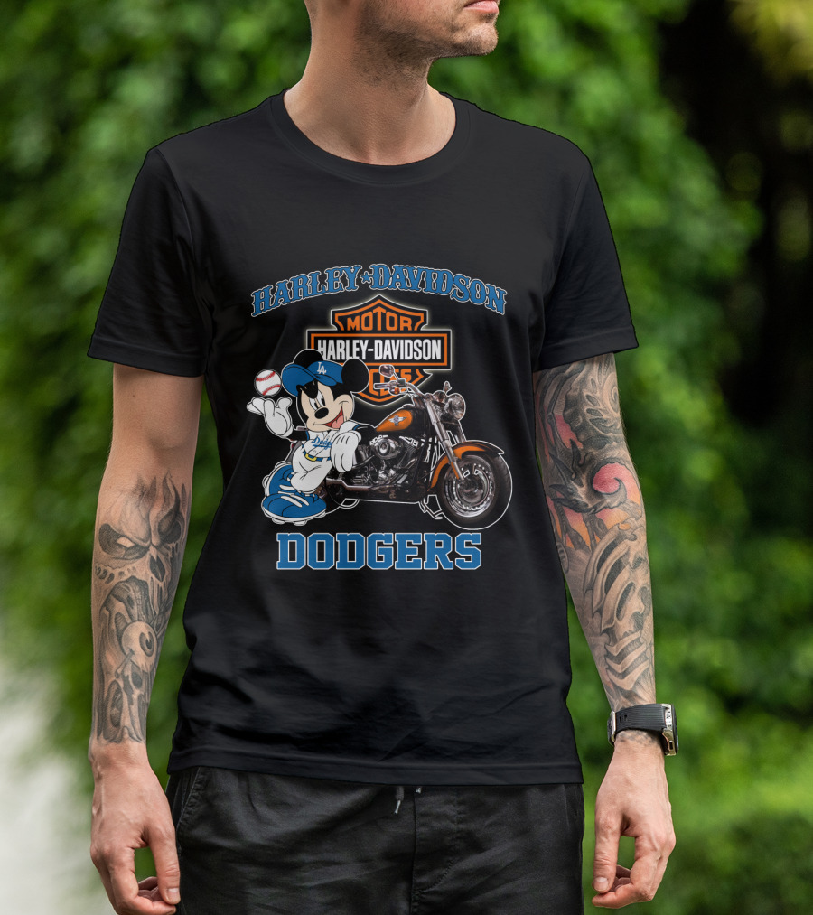 Harley Davidson Los Angeles Dodgers Mickey Mouse Motorcycle Baseball T-Shirt