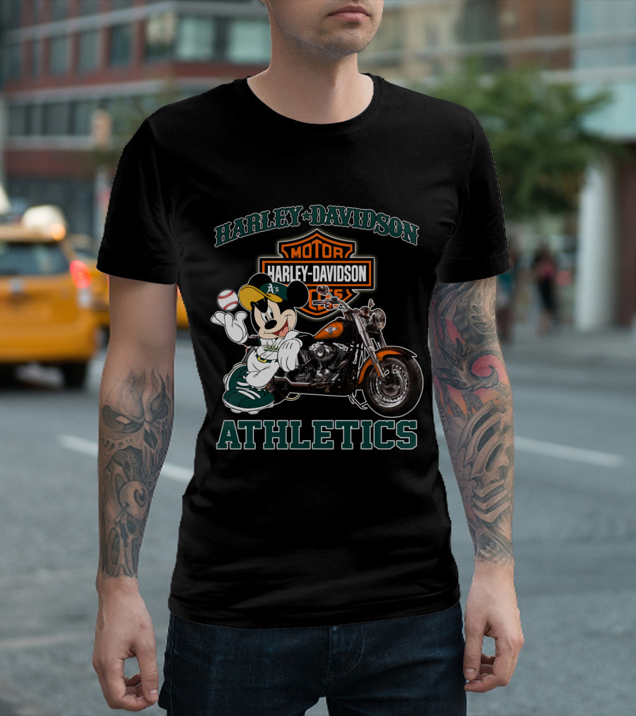 Harley Davidson Oakland Athletics With Mickey Mouse Baseball Motorcycle T-Shirt