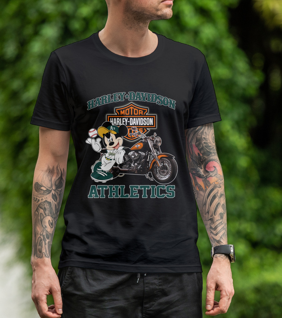 Harley Davidson Oakland Athletics With Mickey Mouse Baseball Motorcycle T-Shirt