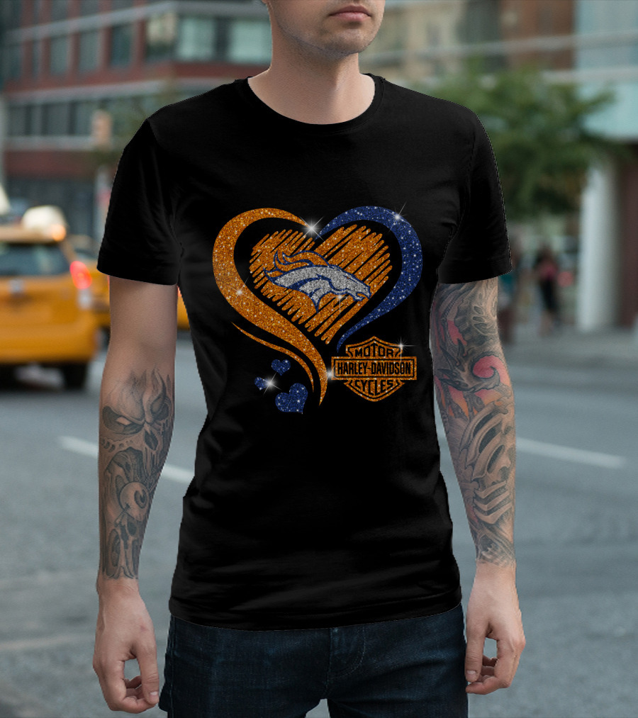 Denver Broncos Harley Davidson Sparkle Heart Nfl T-Shirt