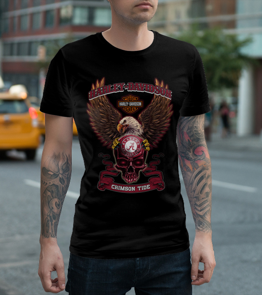 Harley Davidson Alabama Crimson Tide Motorcycle Cycles Eagle Skull T-Shirt