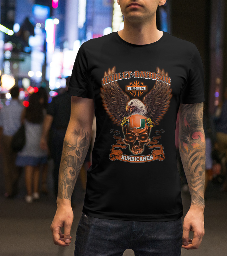 Harley Davidson Motor Cycles Miami Hurricanes Eagle Skull T-Shirt