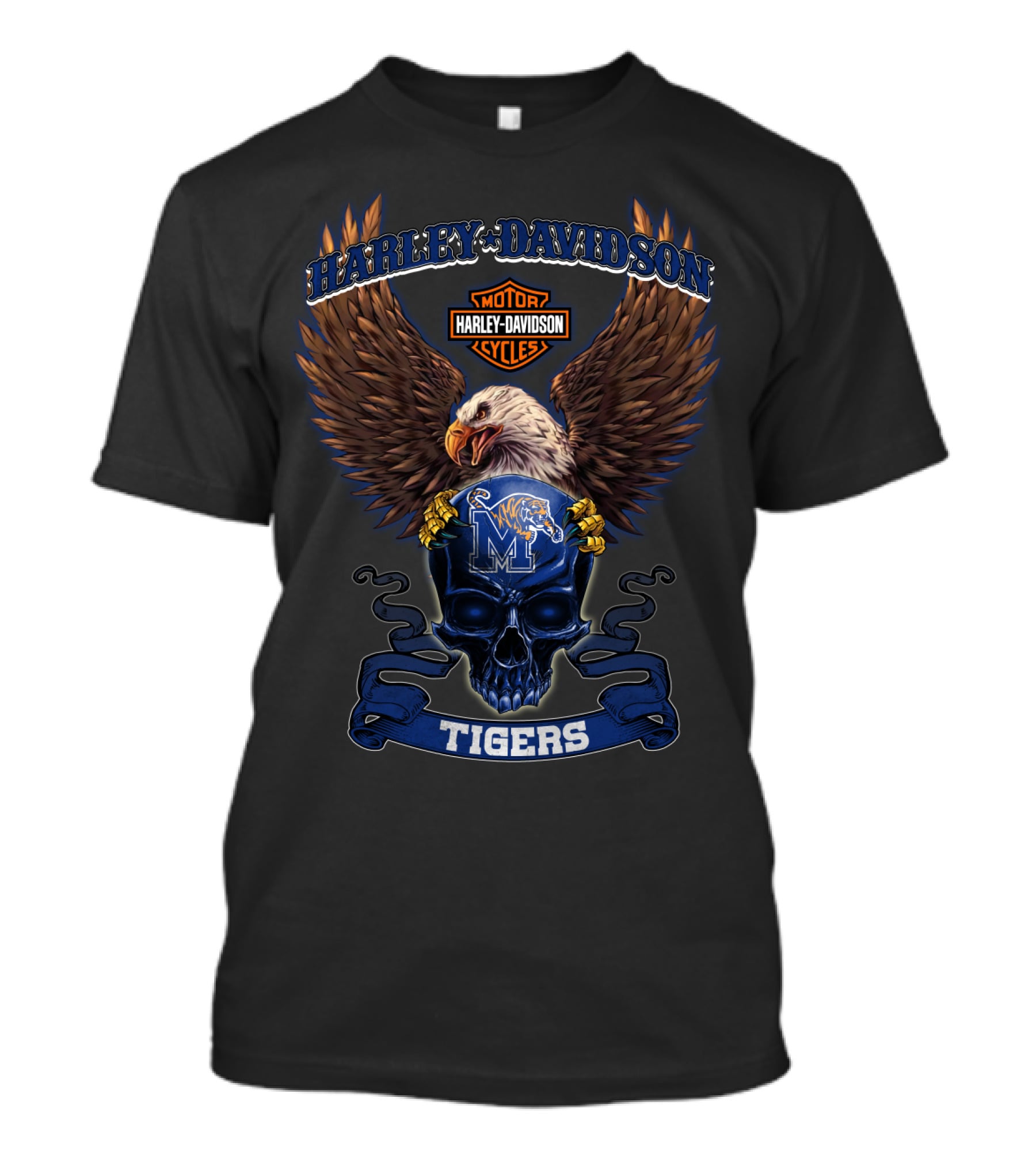 Harley Davidson Motor Cycles Memphis Tigers Eagle Skull T-Shirt