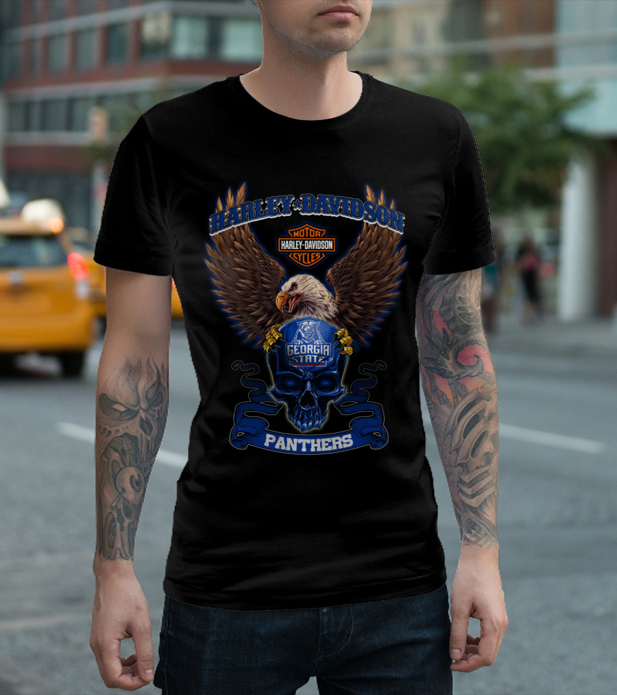 Harley Davidson Motor Cycles Georgia State Panthers Eagle And Skull T-Shirt