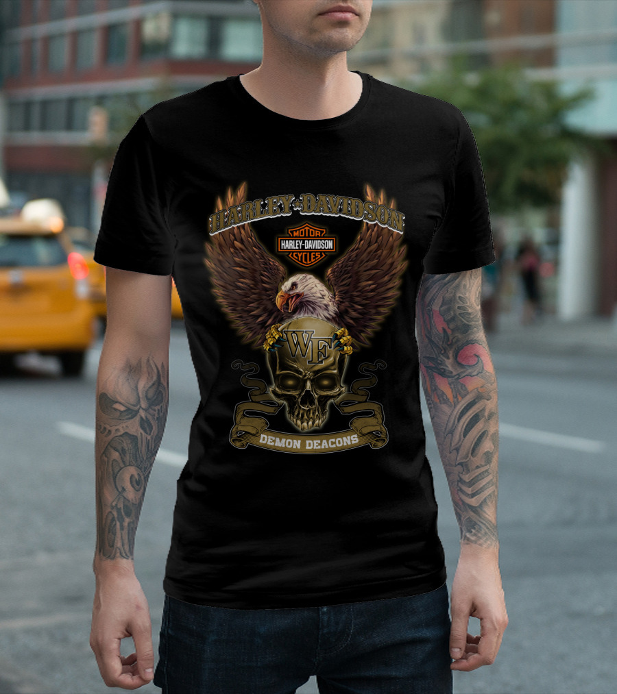 Harley Davidson Motor Cycles Eagle Wf Skull Demon Deacons T-Shirt