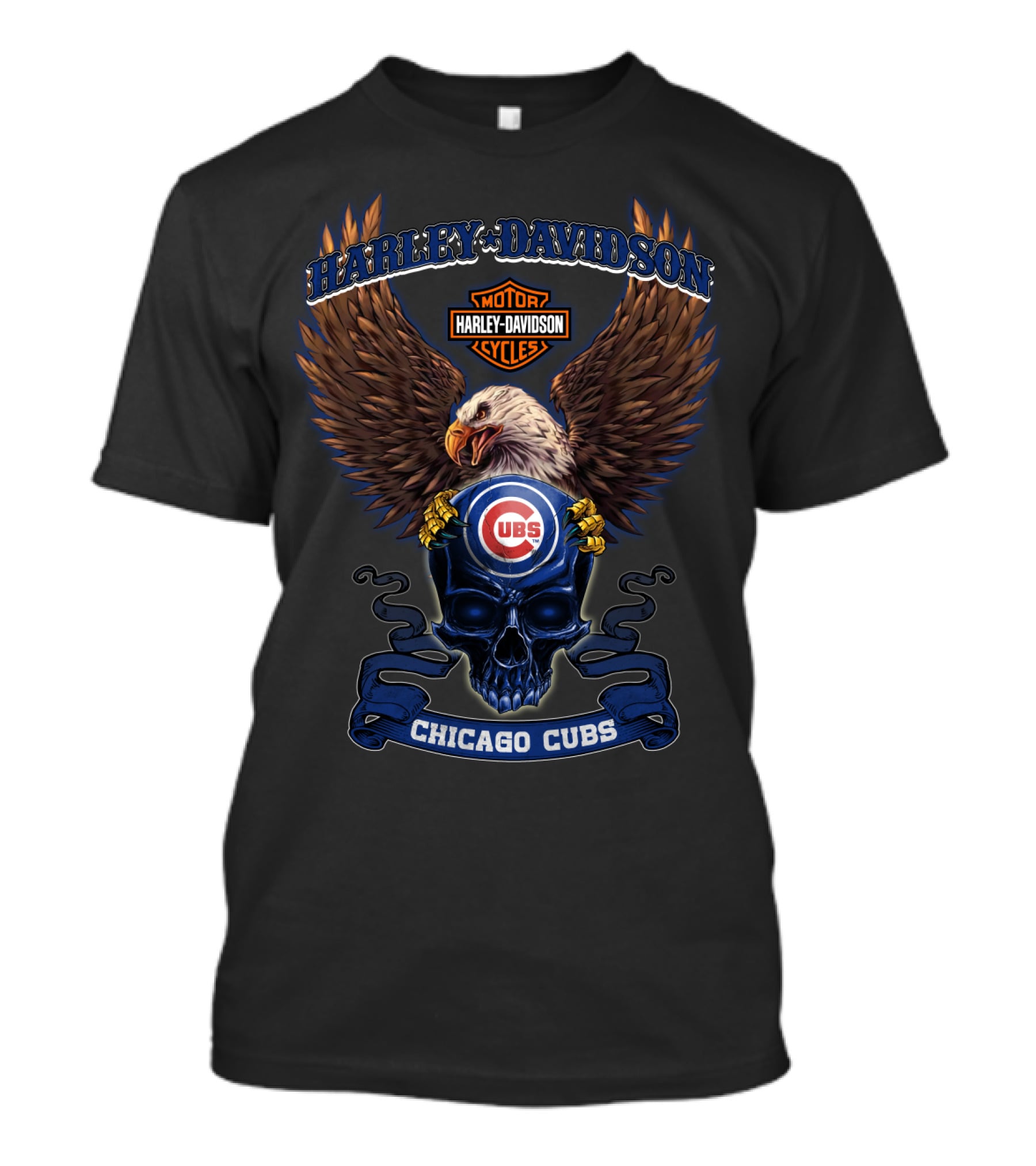 Harley Davidson Motor Cycles Chicago Cubs Eagle Skull T-Shirt