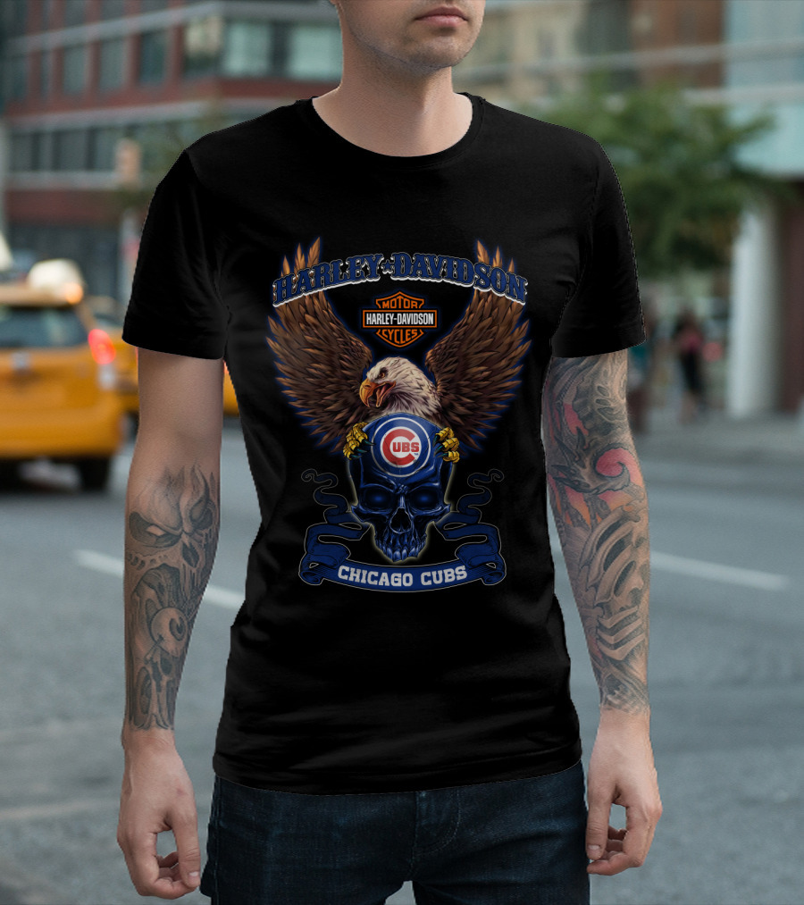Harley Davidson Motor Cycles Chicago Cubs Eagle Skull T-Shirt
