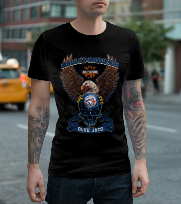 Harley Davidson Toronto Blue Jays Motor Cycles Eagle Skull T-Shirt
